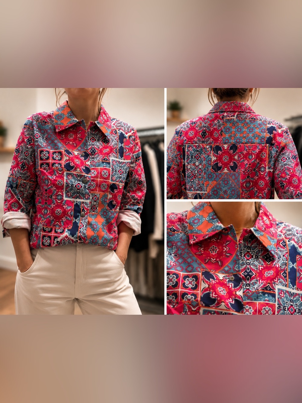 Appleseed's Coral & Teal Tile Print Button-Front Shirt Jacket